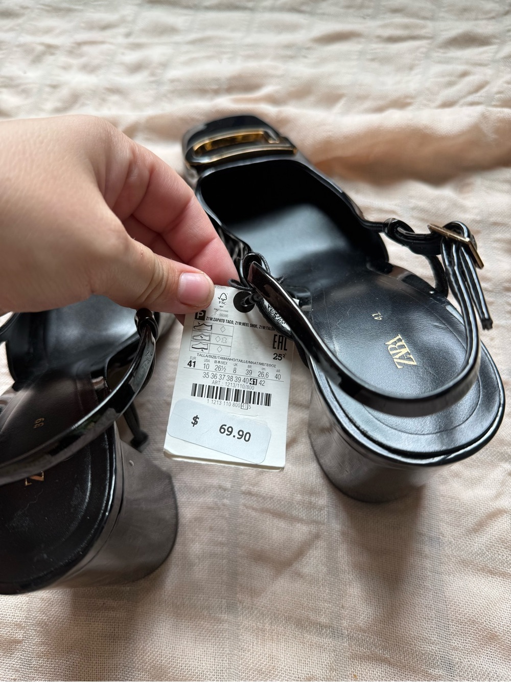 Zara Black Patent Slingback Heels with Gold Buckle Accent - Picture 4 of 5